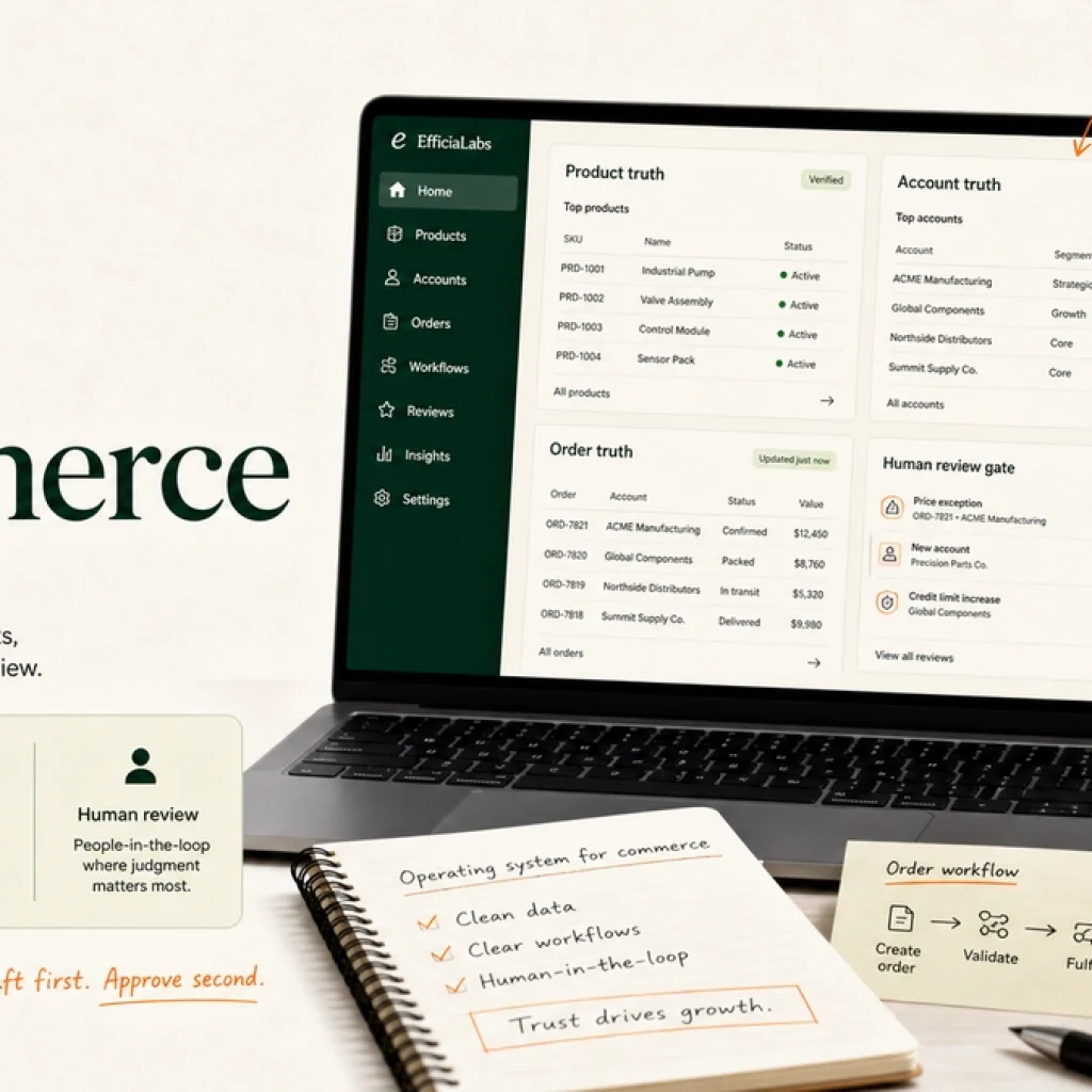 A laptop workspace shows B2B commerce AI workflows connected to product, account, order, and review-gate cards.