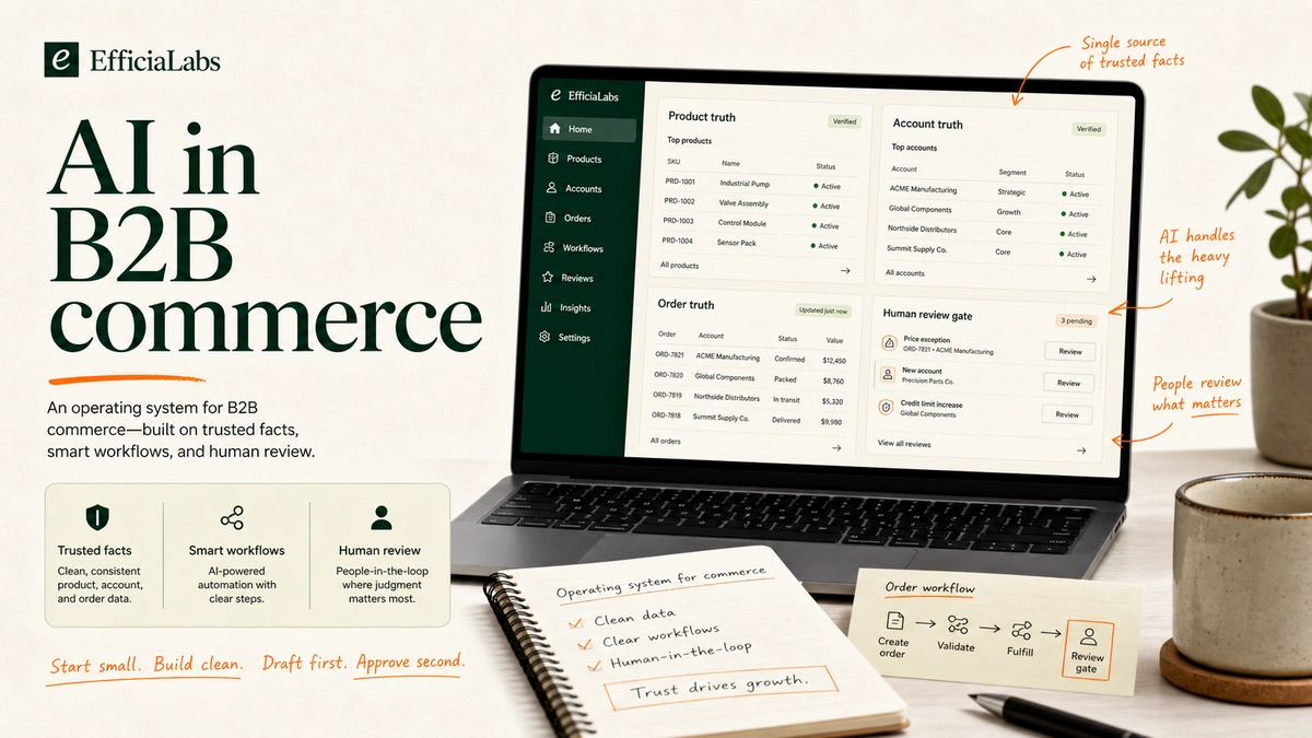 A laptop workspace shows B2B commerce AI workflows connected to product, account, order, and review-gate cards.