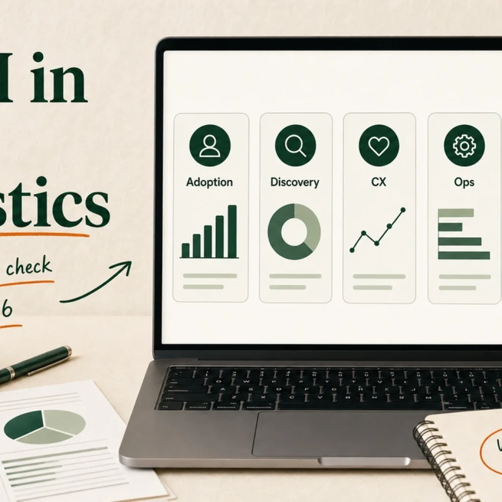 Desk with laptop showing AI in DTC statistics grouped into adoption, discovery, customer experience, operations, and trust decisions.