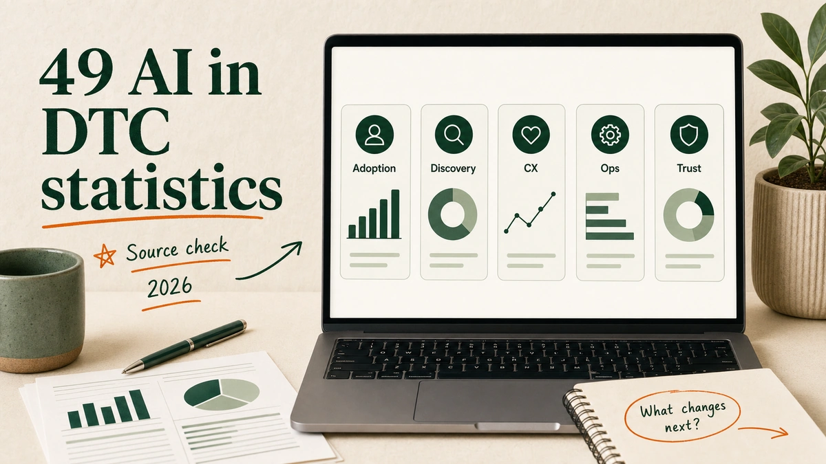 Desk with laptop showing AI in DTC statistics grouped into adoption, discovery, customer experience, operations, and trust decisions.