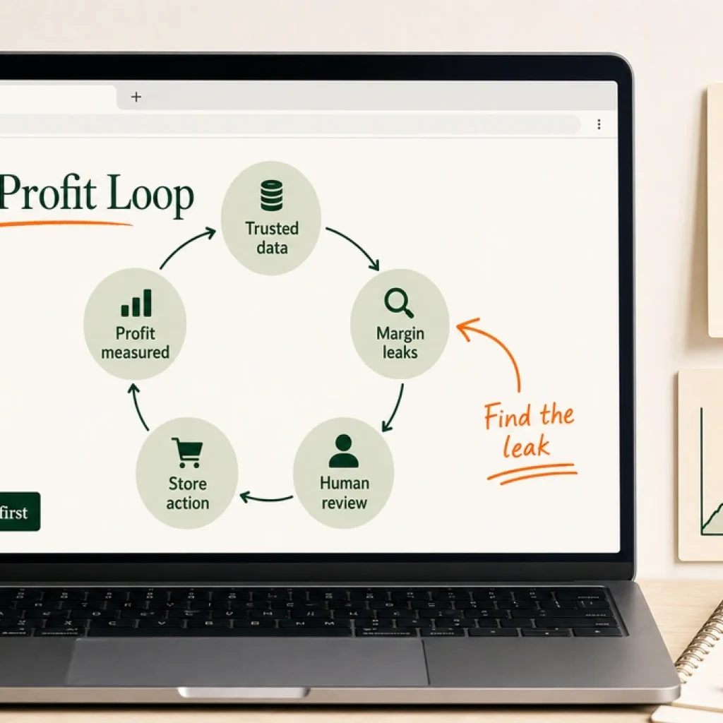 A laptop workspace shows a Shopify profit loop with margin, support, AOV, creative testing, and retention notes on a cream background.