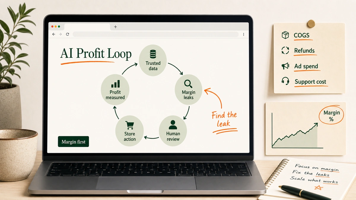 A laptop workspace shows a Shopify profit loop with margin, support, AOV, creative testing, and retention notes on a cream background.