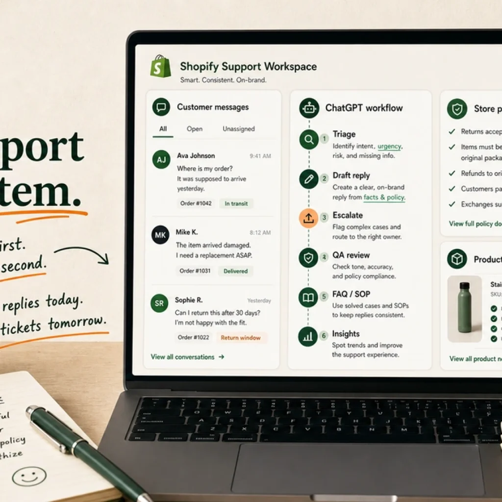 A Shopify customer support workspace with customer chats, store policies, product notes, and a ChatGPT workflow diagram.