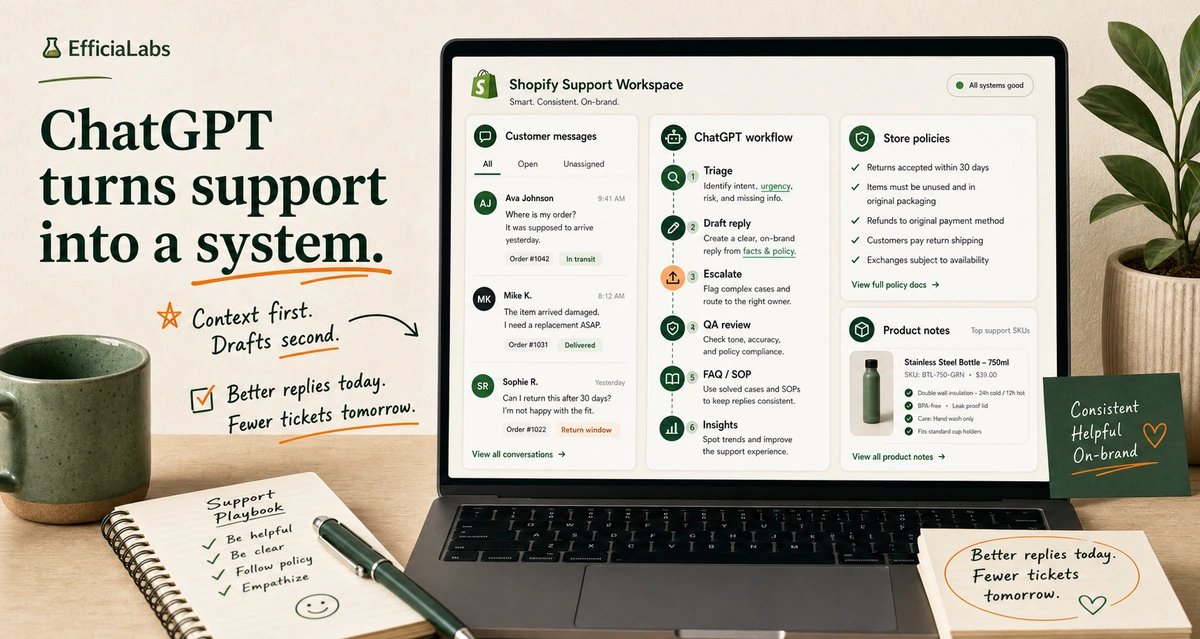 A Shopify customer support workspace with customer chats, store policies, product notes, and a ChatGPT workflow diagram.