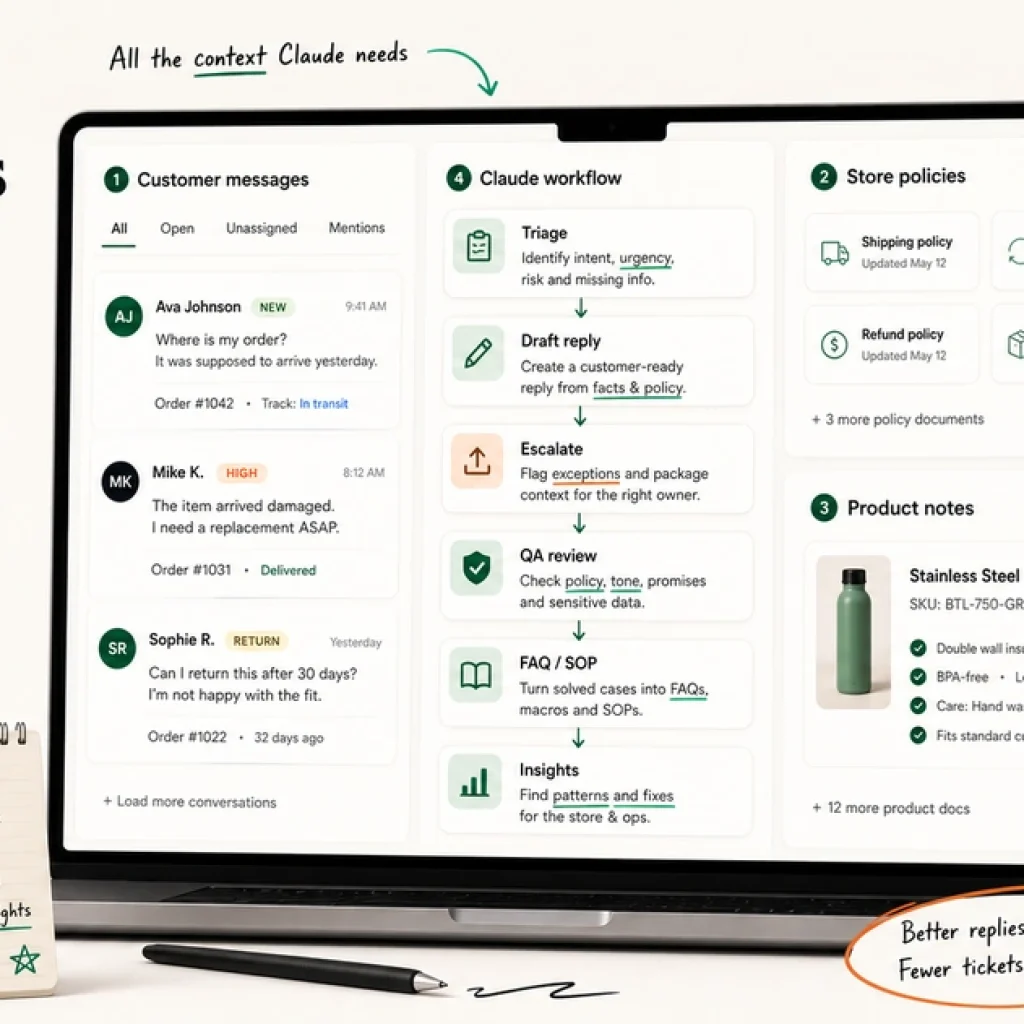 A Shopify customer support workspace with customer chats, store policies, product notes, and a Claude workflow diagram.