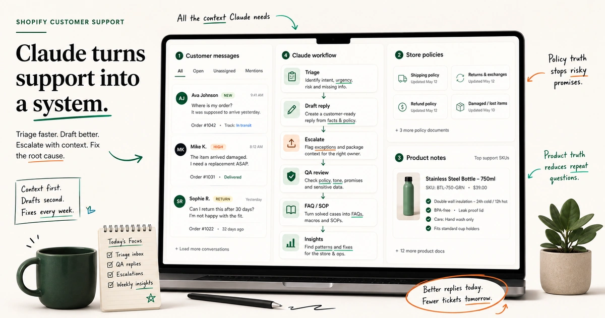 A Shopify customer support workspace with customer chats, store policies, product notes, and a Claude workflow diagram.