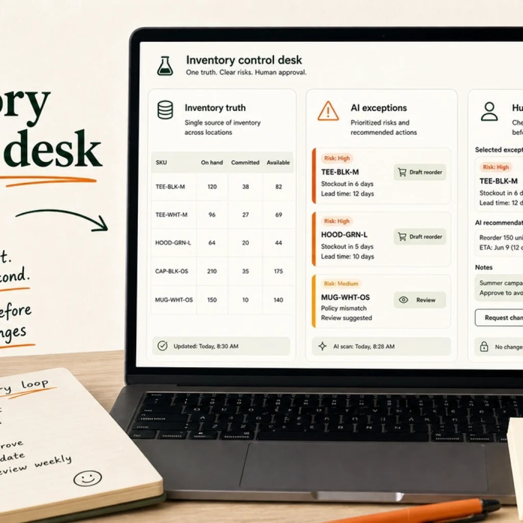Desk with laptop showing a Shopify inventory workspace, exception queue, and human review notes.
