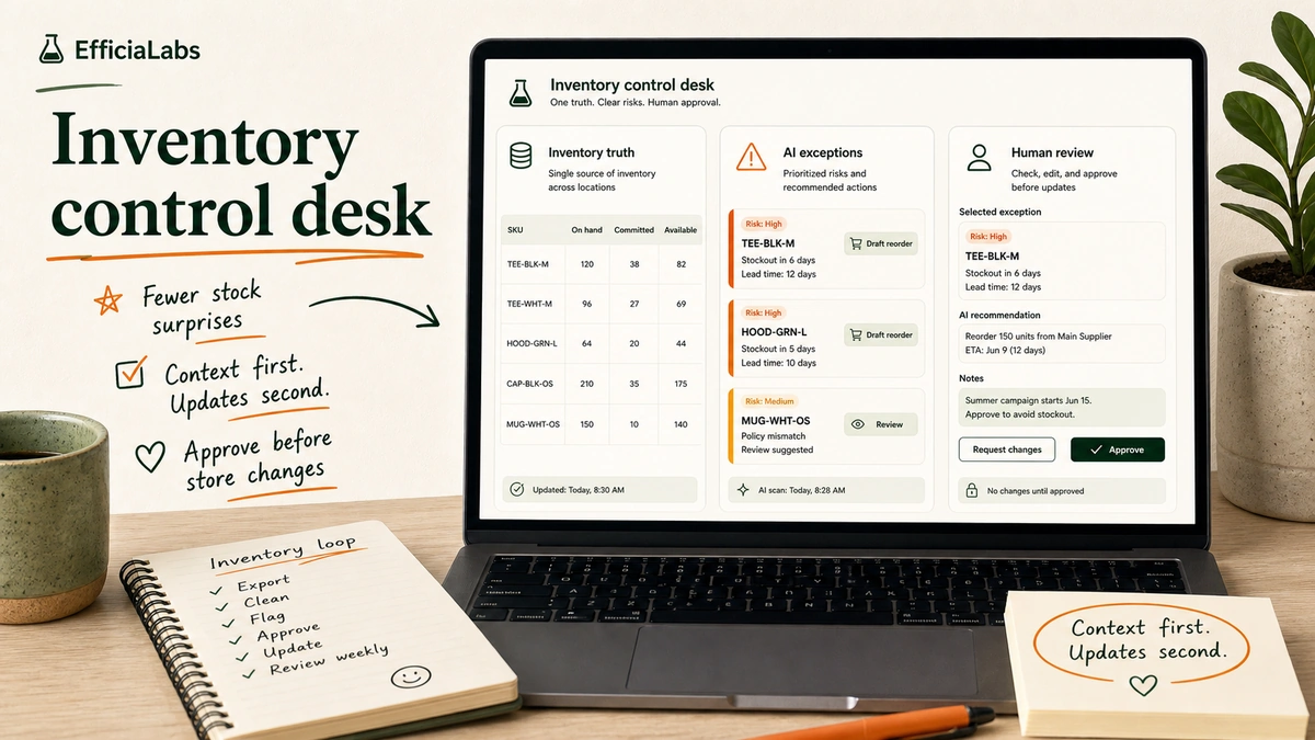 Desk with laptop showing a Shopify inventory workspace, exception queue, and human review notes.