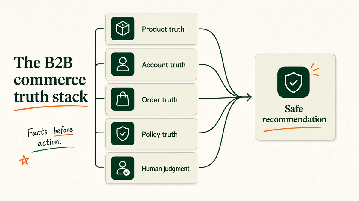 A layered stack shows product, account, order, policy, and human judgment feeding an AI commerce workflow.