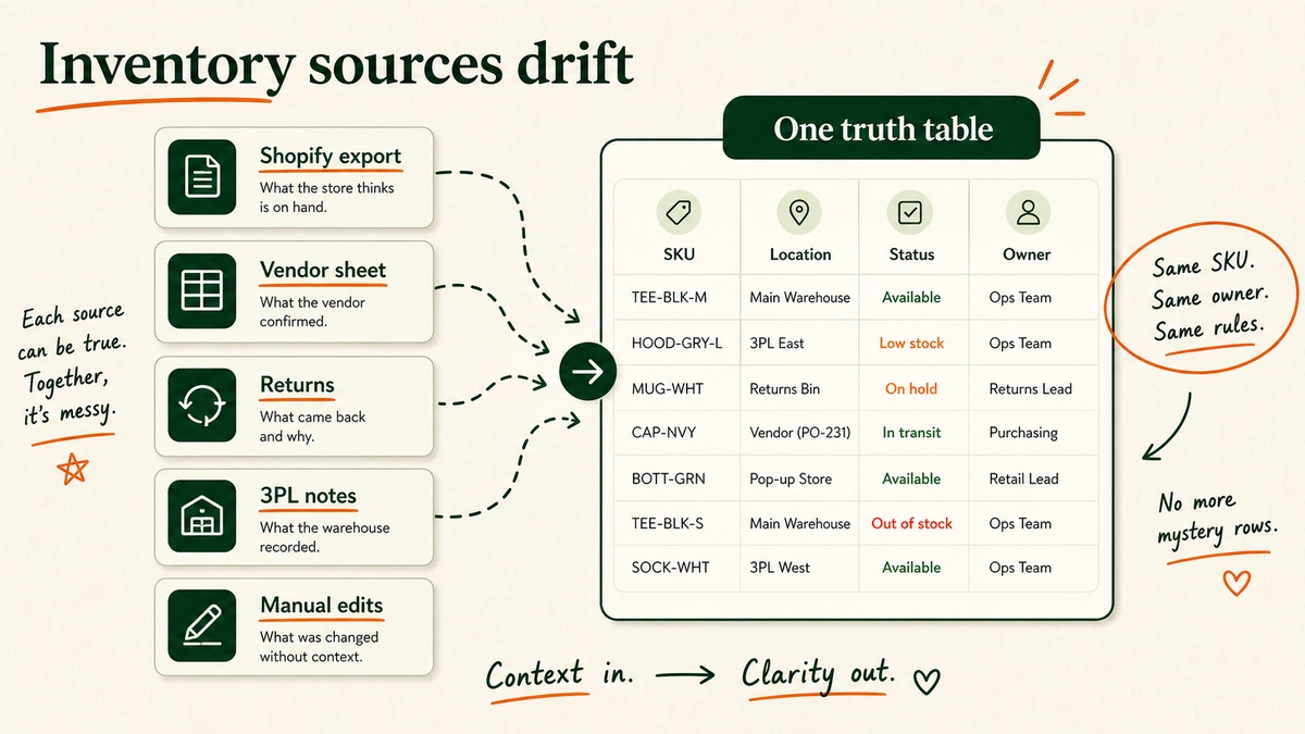 Layered inventory data sources flowing into one truth table.