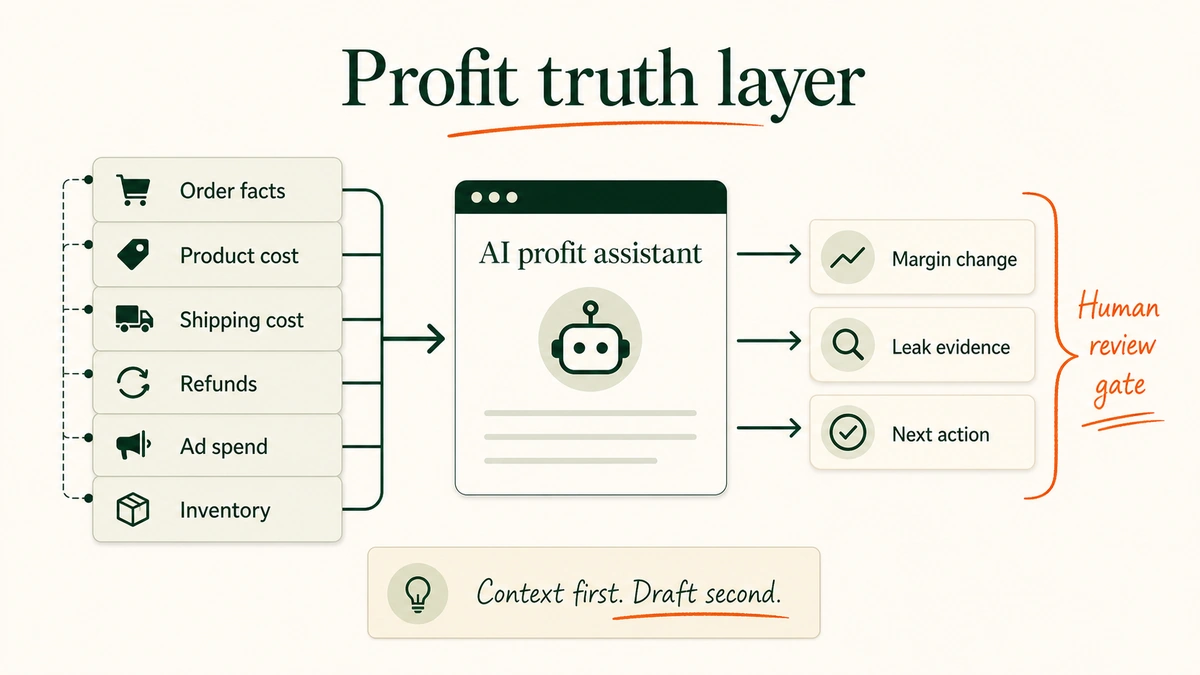 A layered context stack shows order facts, product cost, ad spend, refunds, shipping, and human review feeding an AI profit assistant.