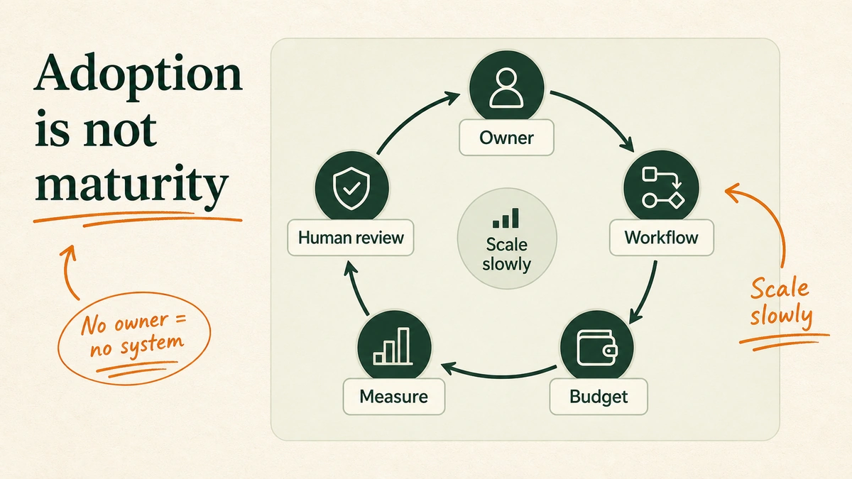 Circular loop showing AI adoption moving through owner assignment, workflow design, measurement, and human review.