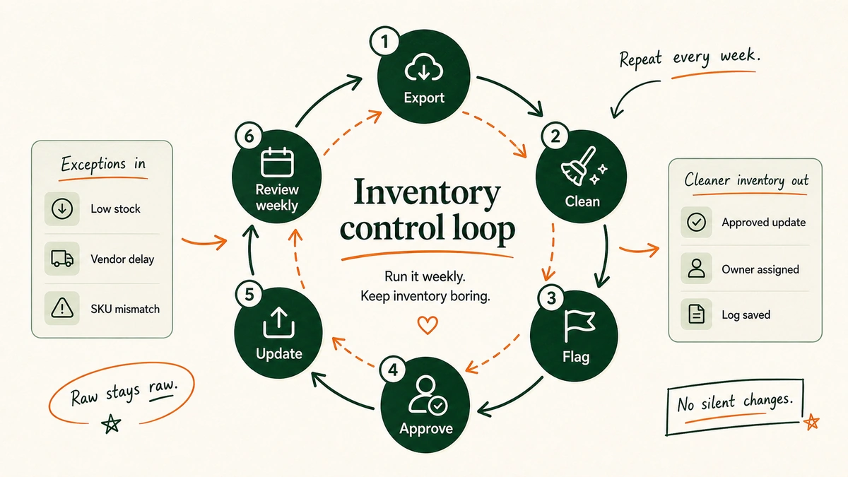 Circular workflow for cleaning, flagging, approving, updating, and reviewing inventory.