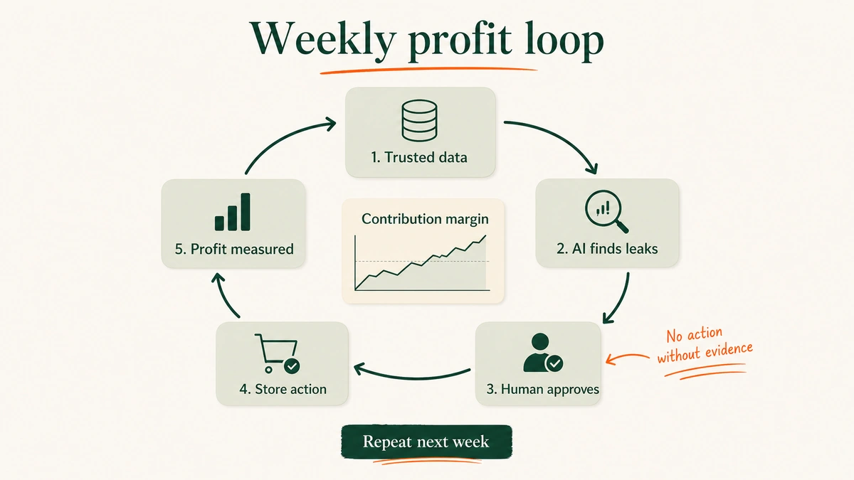 A circular workflow shows trusted data, AI leak detection, human approval, Shopify action, and profit measurement as a repeated loop.