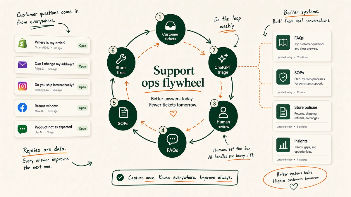 A support ops flywheel moving from customer tickets to ChatGPT triage, human review, FAQs, SOPs, and store fixes.