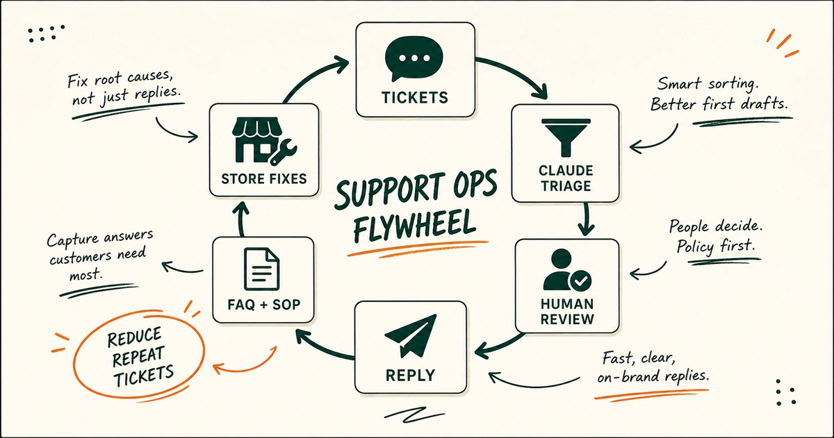 A support ops flywheel moving from customer tickets to Claude triage, human review, FAQs, SOPs, and store fixes.