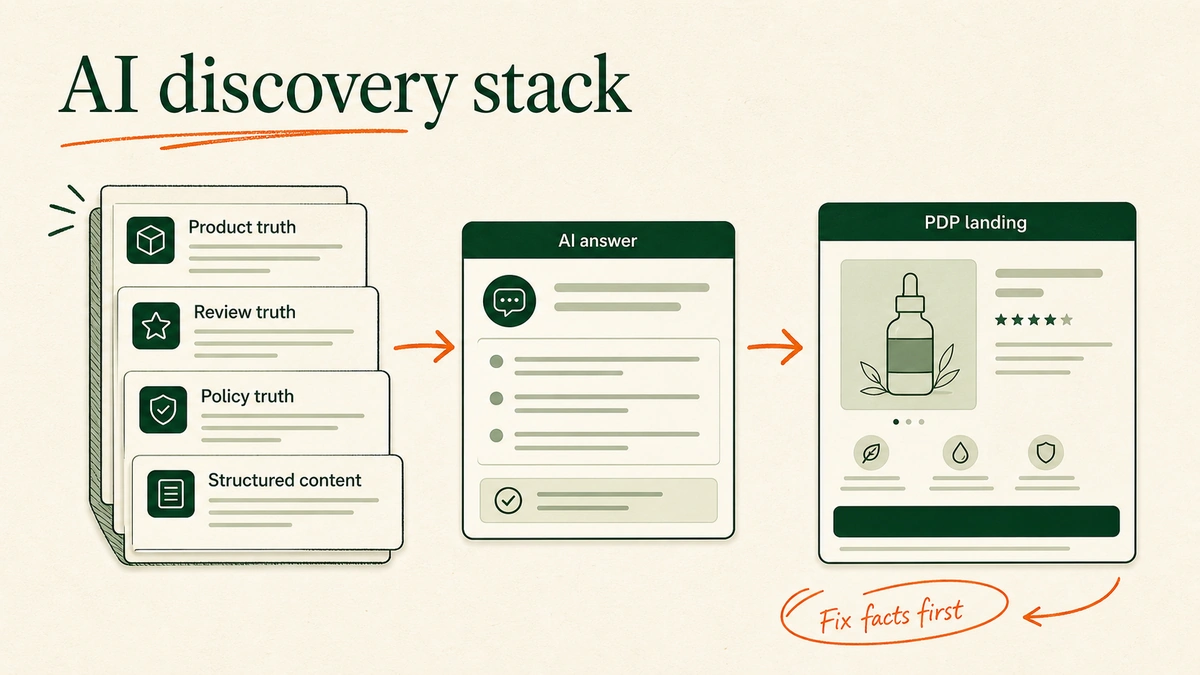 Product data, reviews, policy pages, and structured content stacked into a clean AI discovery system.