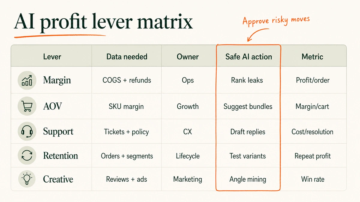 A clean matrix compares Shopify AI profit levers across data needed, owner, safe action, human approval, and profit metric.
