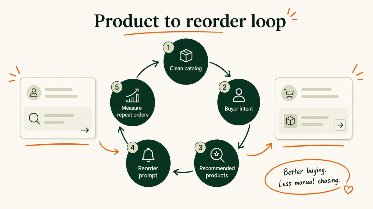 A loop diagram shows clean catalog data powering search, product recommendations, reorder prompts, and measurement.