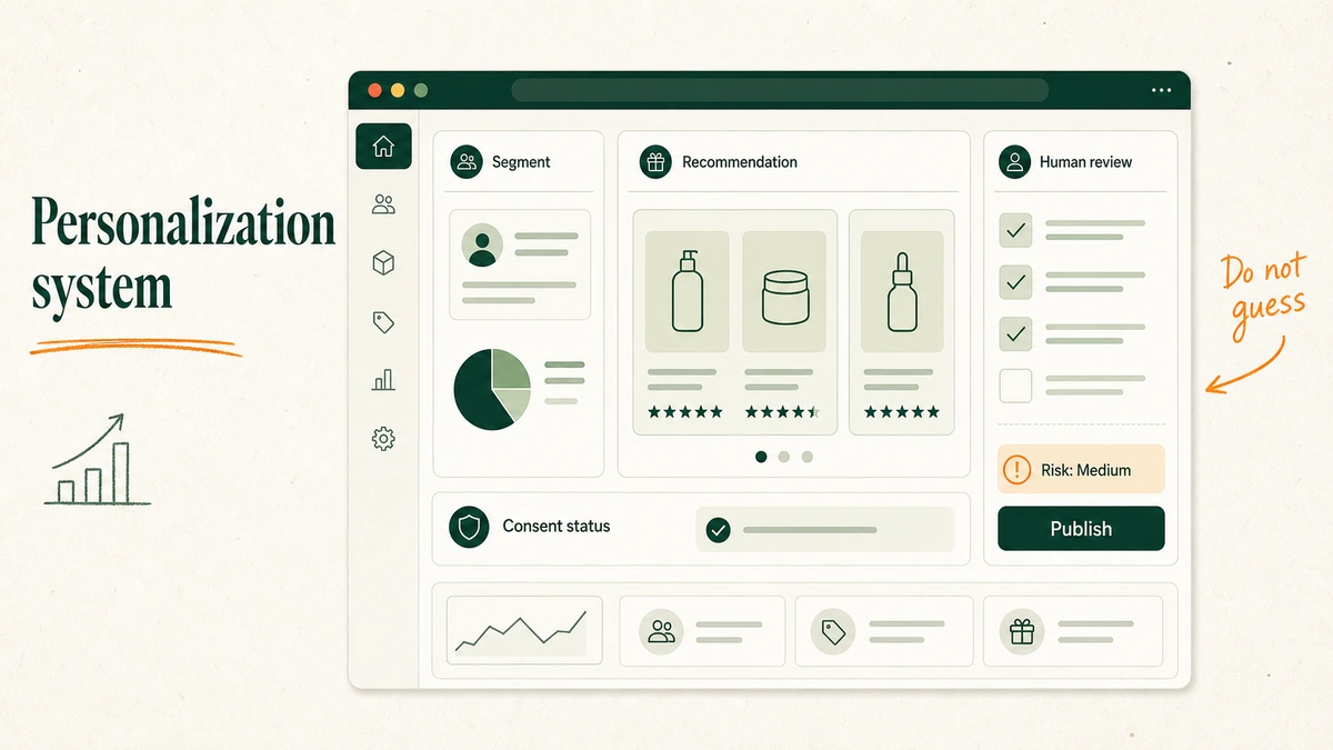 Mock ecommerce dashboard showing personalized product recommendations, consent status, and human review controls.