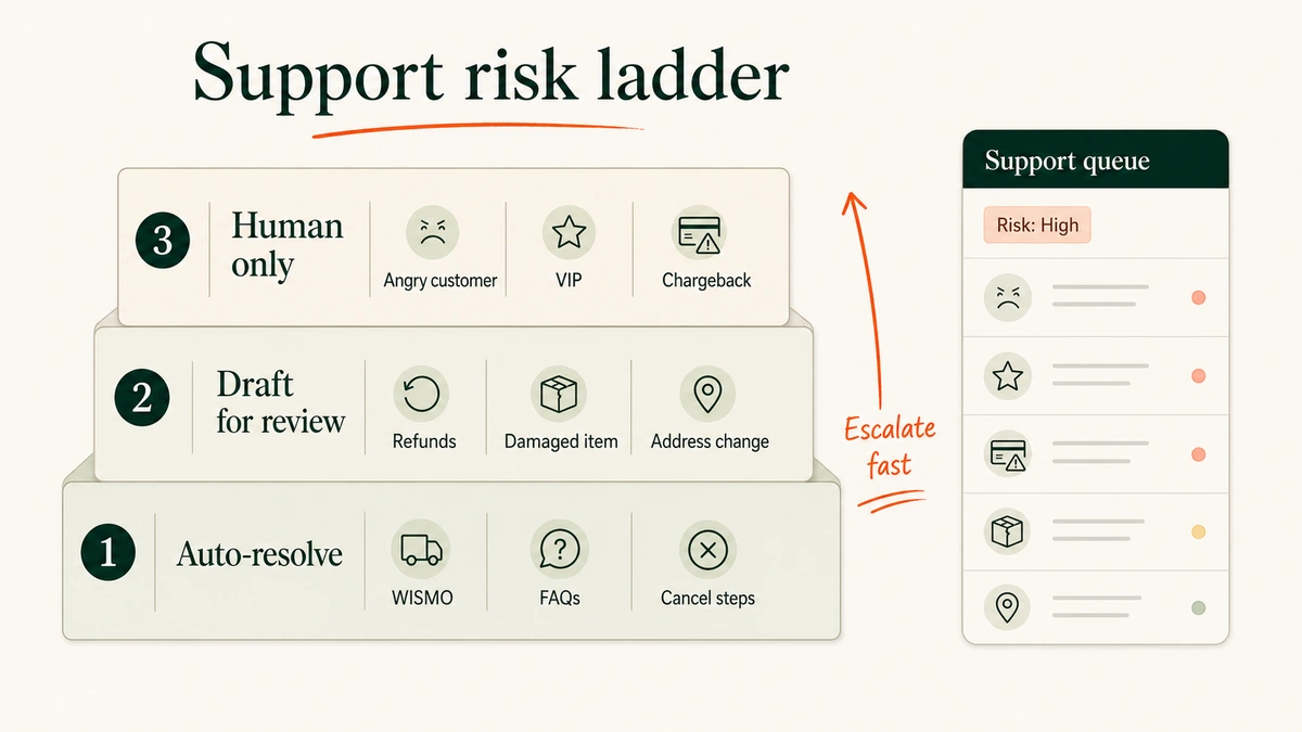 A decision ladder shows auto-resolve, draft for review, and human-only customer support risk levels with refund and VIP examples.