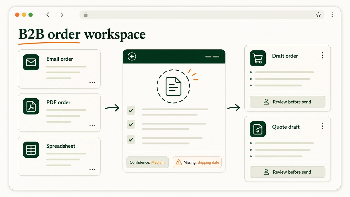 A mock B2B order workspace shows an email and PDF becoming a draft order and quote awaiting review.