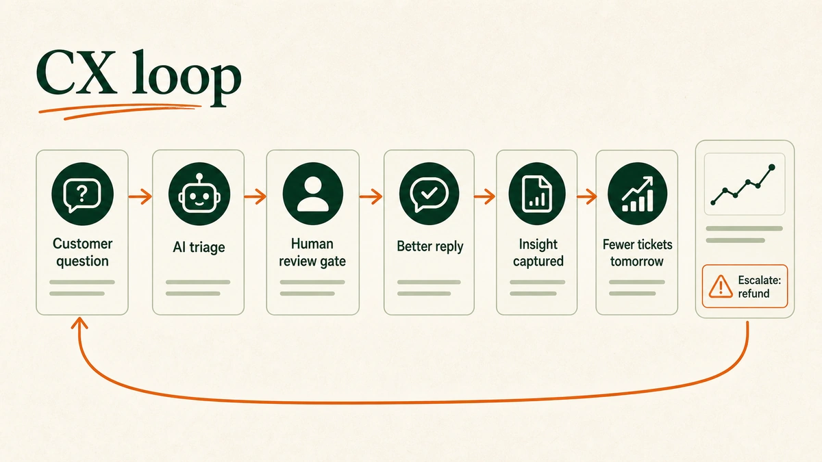 Loop showing customer question, AI triage, human review, better reply, insight captured, and retention improvement.