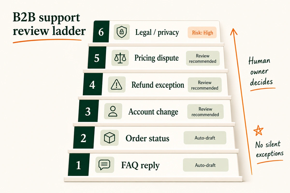 A decision ladder shows low-risk B2B support drafts at the bottom and high-risk account decisions requiring human approval.