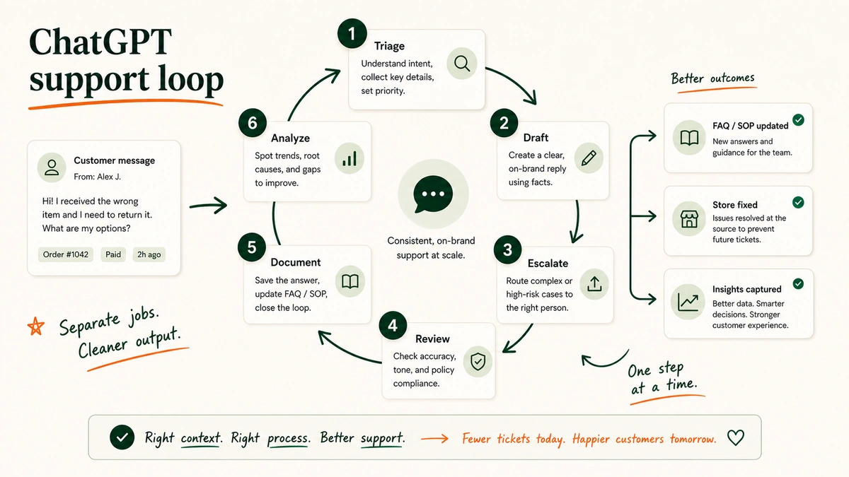 A circular workflow showing ChatGPT support tasks from triage to analysis.