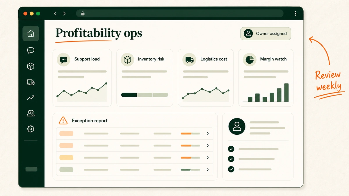Mock dashboard showing AI impact on support automation, inventory control, logistics cost, and operating cost.