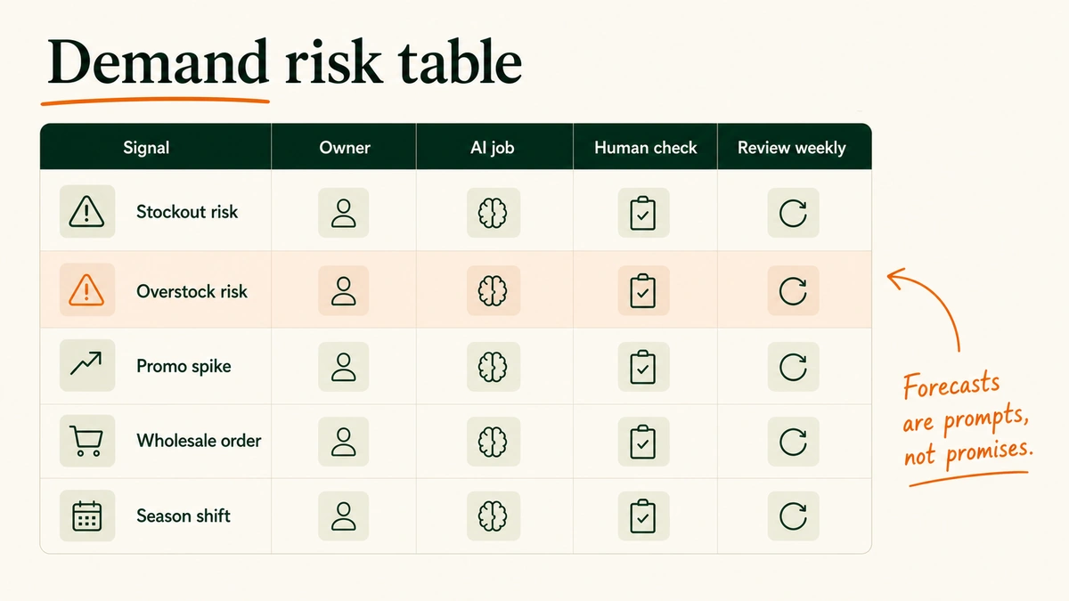 A clean table maps inventory and demand signals to AI jobs, owners, and human checks.