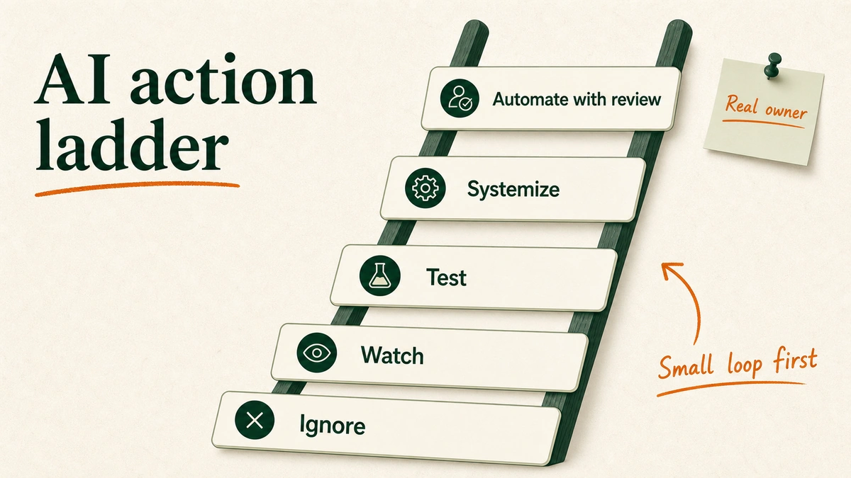 Decision ladder ranking AI actions from ignore and watch to test, systemize, and automate with human review.