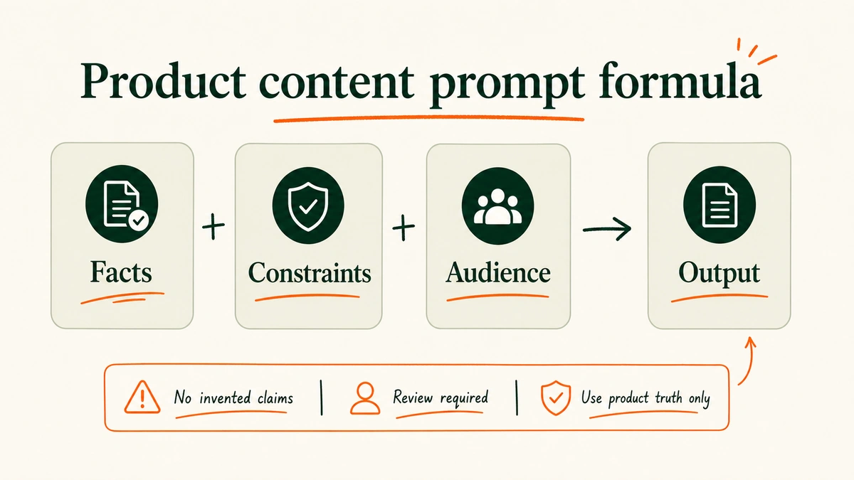 A formula-style visual shows product facts, constraints, audience, and output format feeding a safe AI content prompt.