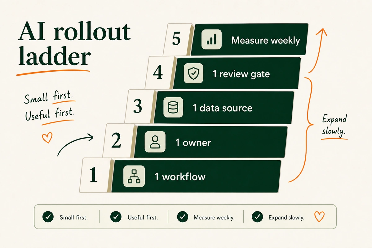A rollout ladder shows a lean team starting with one workflow, one owner, one data source, and one review gate.