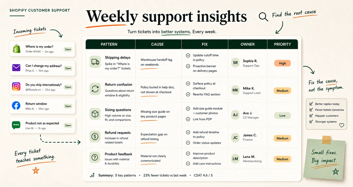 A weekly support insight board listing recurring ticket patterns and the store fixes they suggest.
