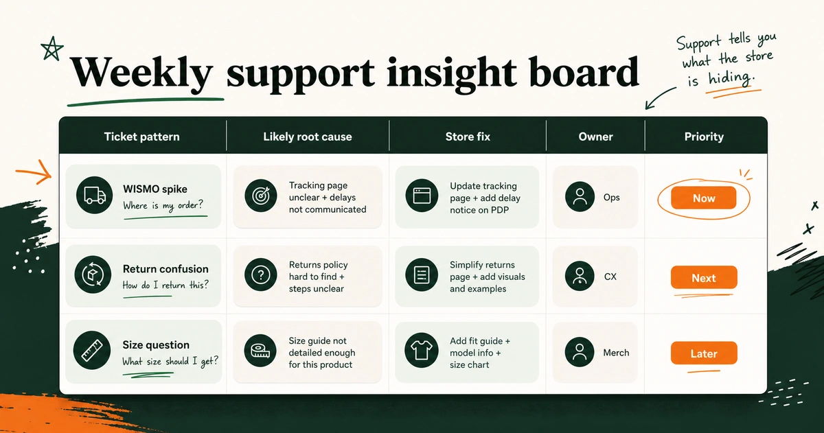 A weekly support insight board listing recurring ticket patterns and the store fixes they suggest.