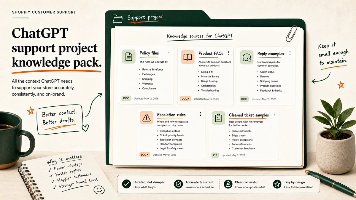 A ChatGPT support project knowledge pack with policy files, product FAQs, reply examples, and escalation rules.