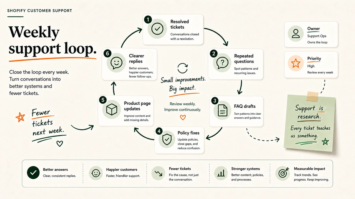 A weekly support loop turning resolved tickets into FAQs, policy fixes, product page updates, and clearer replies.