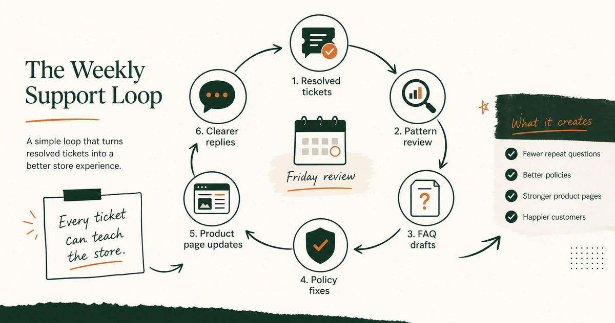 A weekly support loop turning resolved tickets into FAQs, policy fixes, product page updates, and clearer replies.