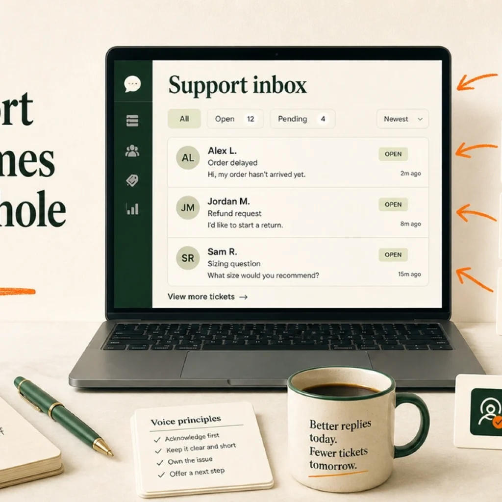 A laptop support inbox beside cards labeled brand voice, product facts, policy facts, and human review gate.
