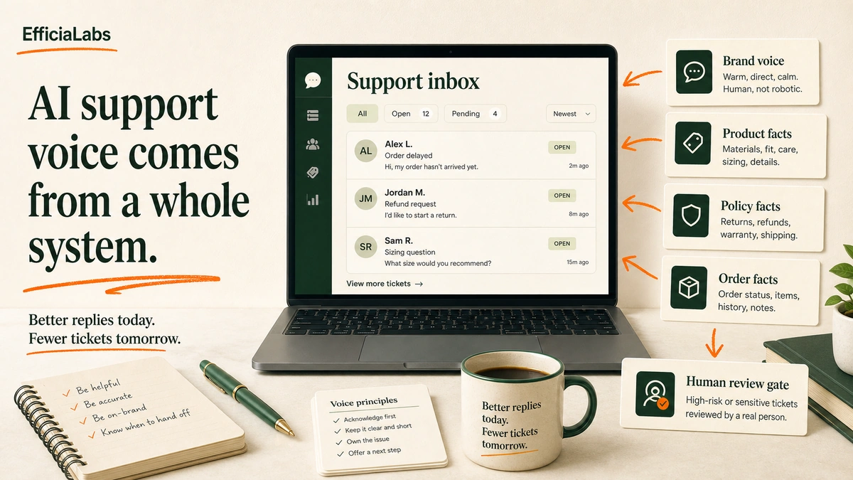 A laptop support inbox beside cards labeled brand voice, product facts, policy facts, and human review gate.