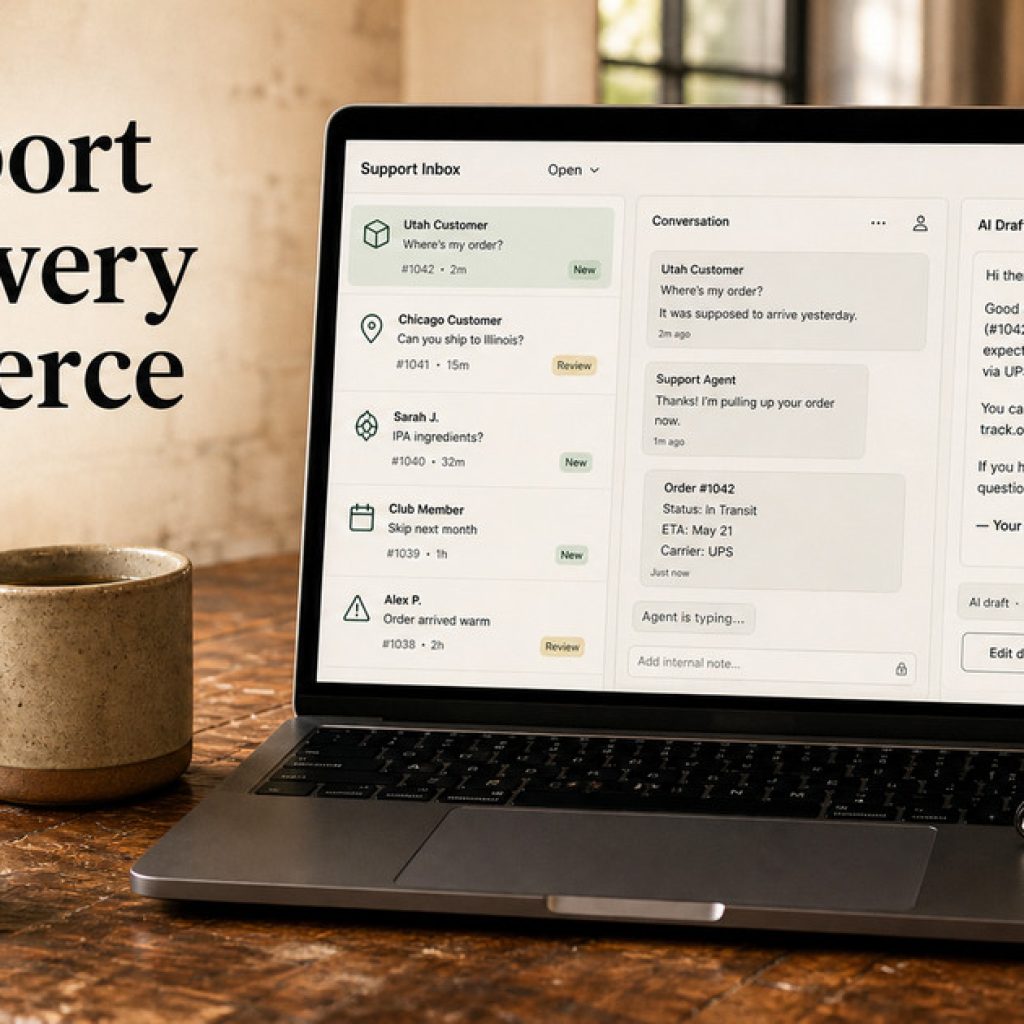 Laptop on a wooden bar showing a brewery customer support inbox with order and shipping tickets, beside a coffee mug and hop cones.
