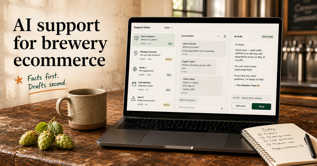 Laptop on a wooden bar showing a brewery customer support inbox with order and shipping tickets, beside a coffee mug and hop cones.