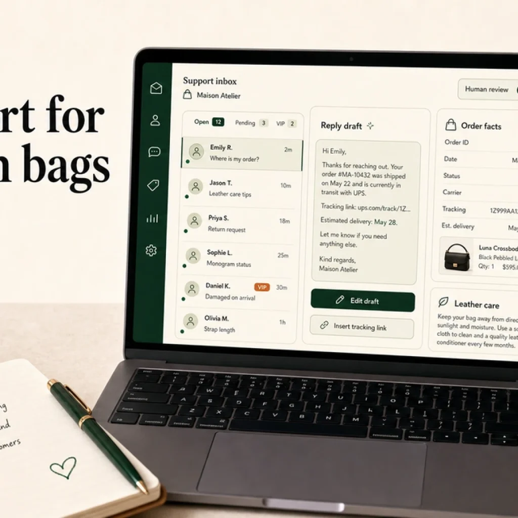 Laptop on a workspace showing a handbag brand support inbox with AI-drafted replies and a human review step.