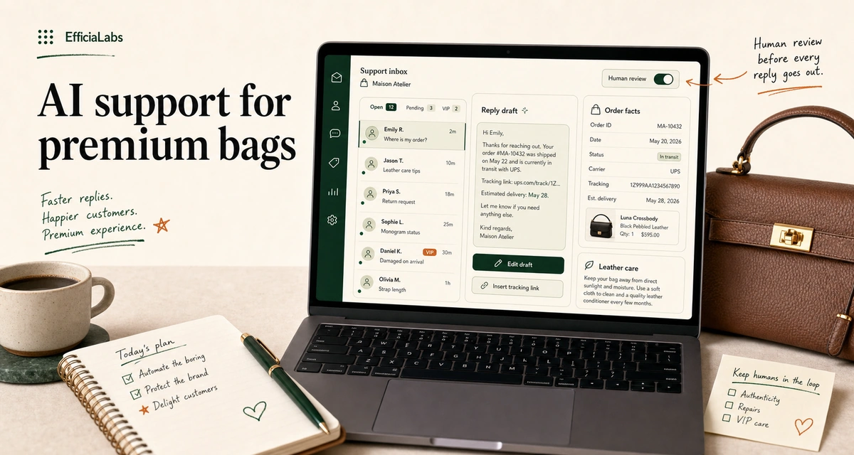 Laptop on a workspace showing a handbag brand support inbox with AI-drafted replies and a human review step.