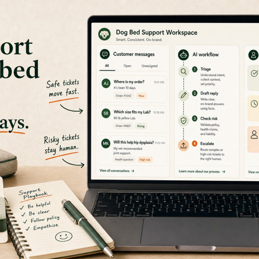 A laptop showing a dog bed brand support inbox with tickets sorting into AI-drafted replies and a human-review queue.