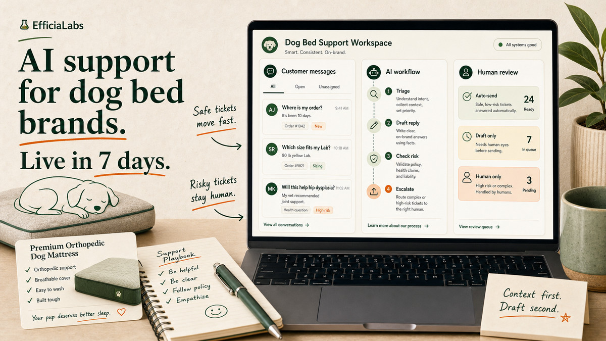 A laptop showing a dog bed brand support inbox with tickets sorting into AI-drafted replies and a human-review queue.