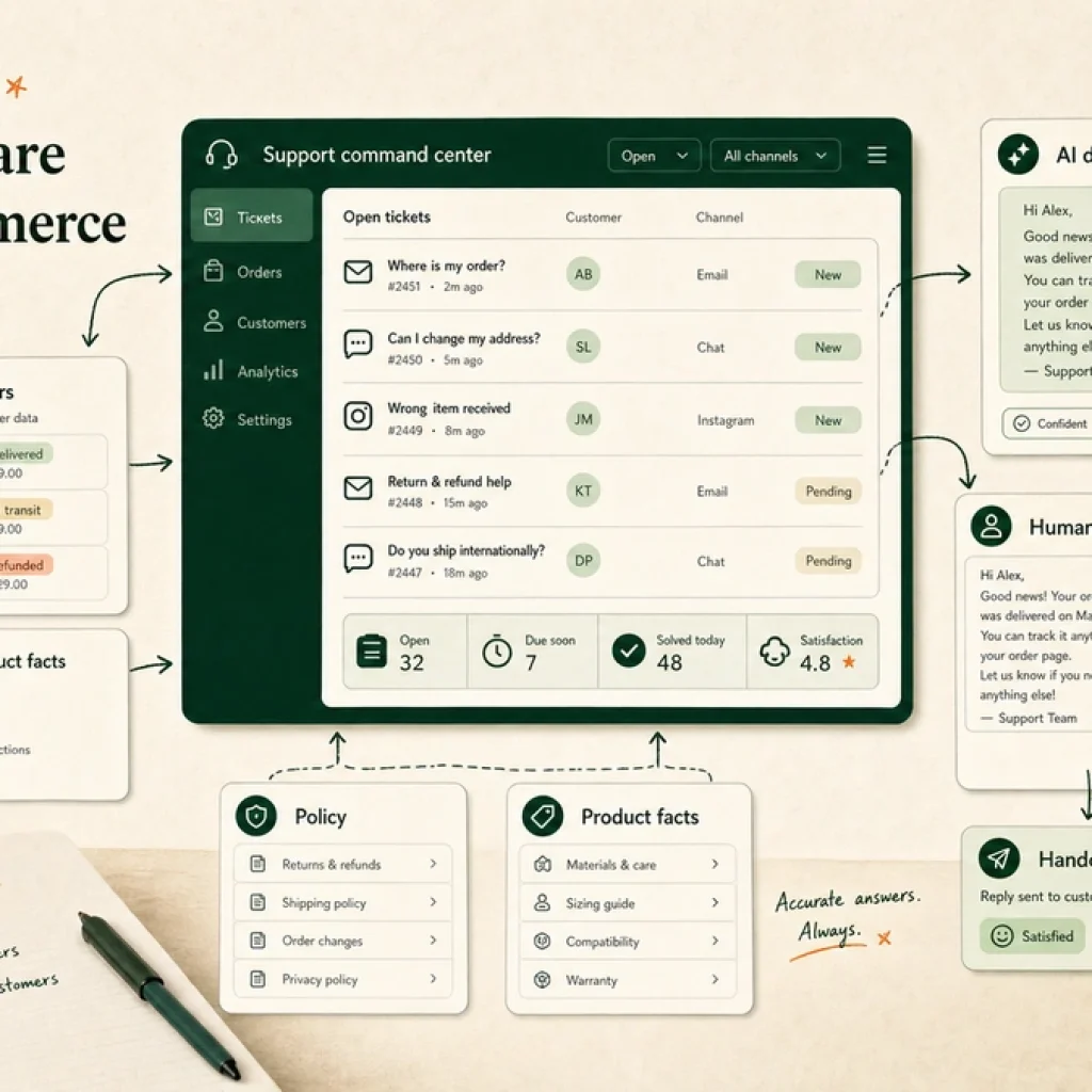 Ecommerce support command center with AI customer care, order data, policy guardrails, and human review.