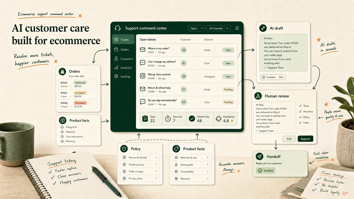 Ecommerce support command center with AI customer care, order data, policy guardrails, and human review.