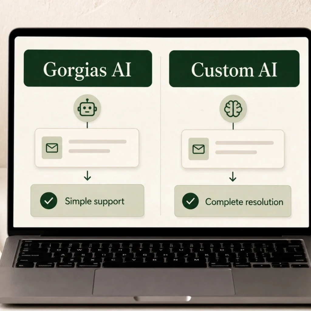 A laptop support workspace shows two paths labeled Gorgias AI and Custom AI, with support tickets, policy notes, and cost markers on an off-white desk.
